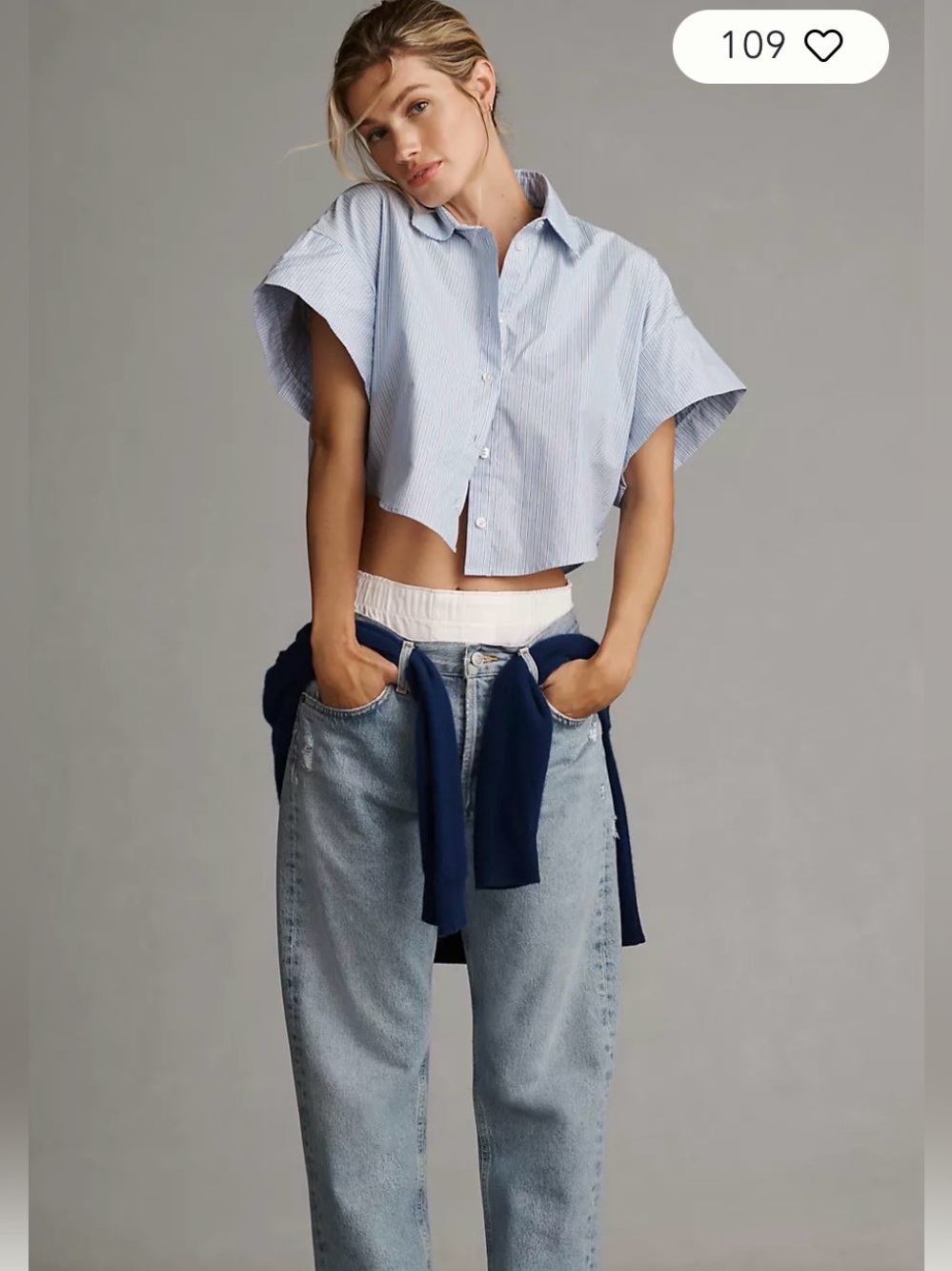 Anthropologie Maeve Top Shirt Blue Striped Cropped Button Up Blouse Women’s XL - Picture 2 of 10